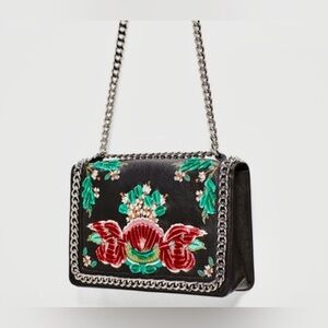 Zara real genuine leather bag purse flap embellished floral silver chain NwT